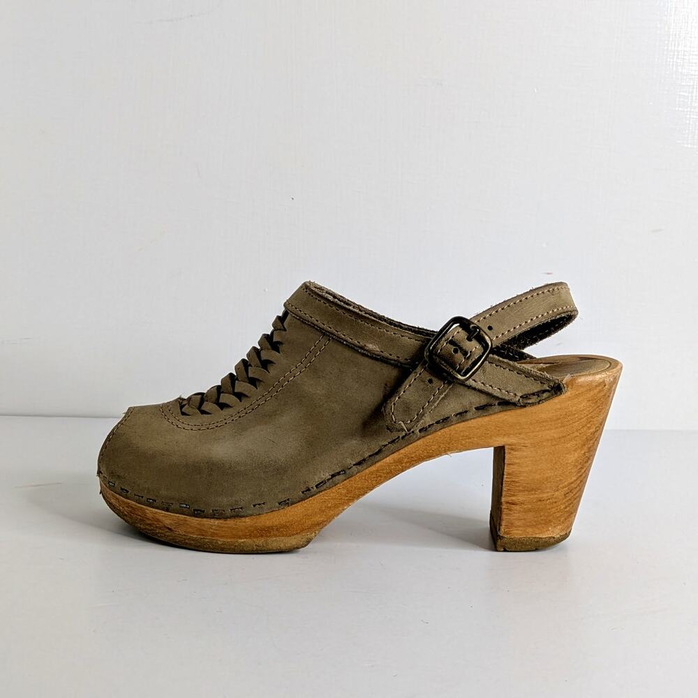 No. 6 Peep Toe Clogs 36 Tan Leather Wood Heel Strap Braided Vamp 6-6.5 - Picture 8 of 15